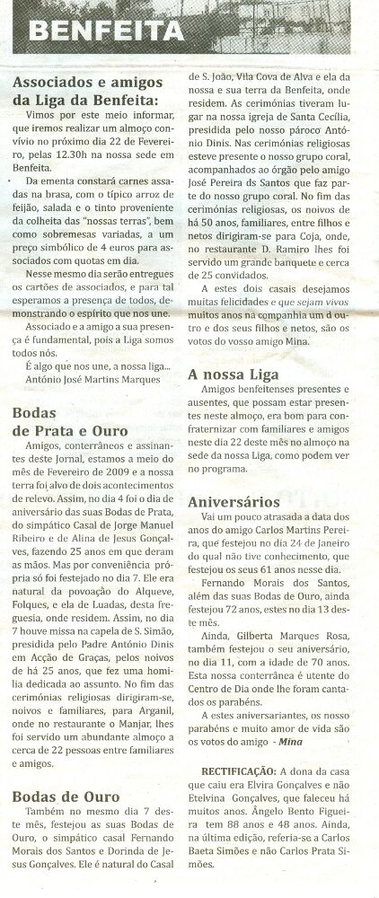 Notícia publicada no Jornal de Arganil, em 19 de Fevereiro de 2009