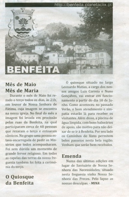 Notícia publicada no Jornal de Arganil, em 4 de Junho de 2009