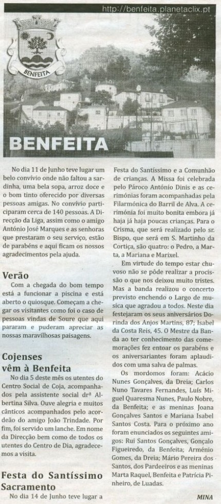 Notícia publicada no Jornal de Arganil, em 25 de Junho de 2009