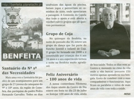 Notícia publicada no Jornal de Arganil, em 30 de Julho de 2009