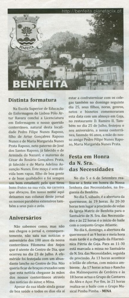 Notícia publicada no Jornal de Arganil, em 20 de Agosto de 2009