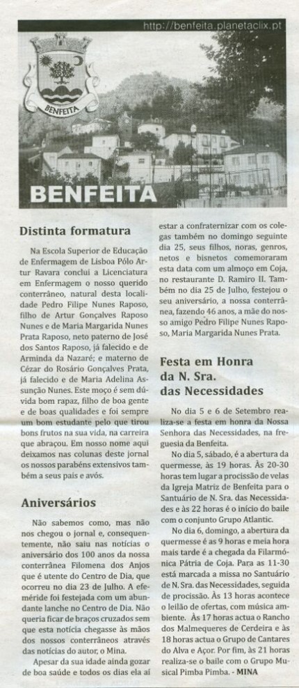 Notícia publicada no Jornal de Arganil, em 20 de Agosto de 2009