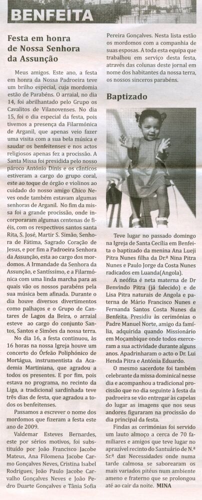 Notícia publicada no Jornal de Arganil, em 27 de Agosto de 2009