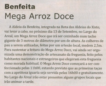 Notícia publicada no Jornal de Arganil, em 3 de Setembro de 2009