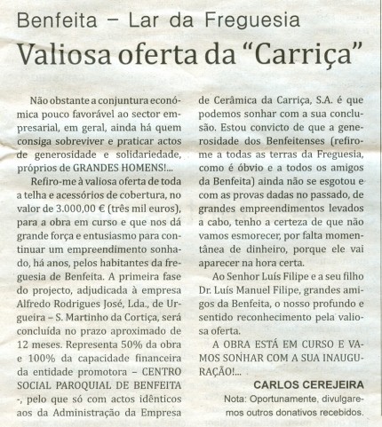 Notícia publicada no Jornal de Arganil, em 15 de Outubro de 2009