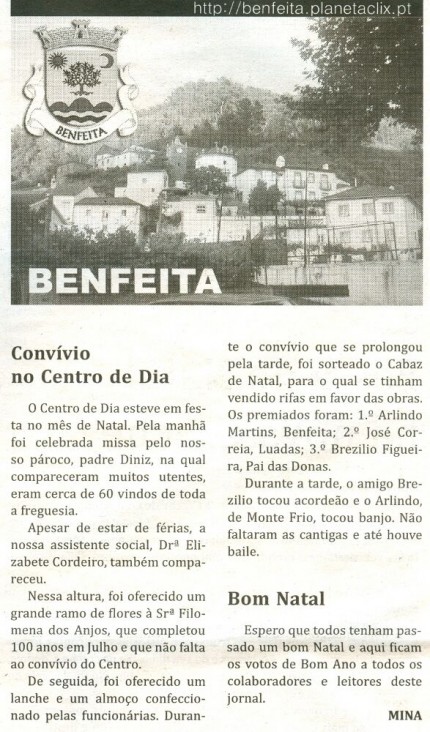 Notícia publicada no Jornal de Arganil, em 7 de Janeiro de 2010