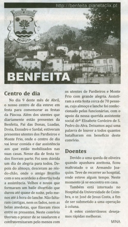 Notícia publicada no Jornal de Arganil, em 22 de Abril de 2010