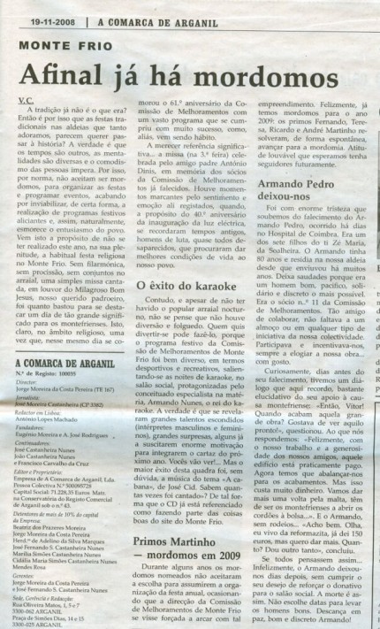 Notícia publicada na Comarca de Arganil, em 19 de Novembro de 2008