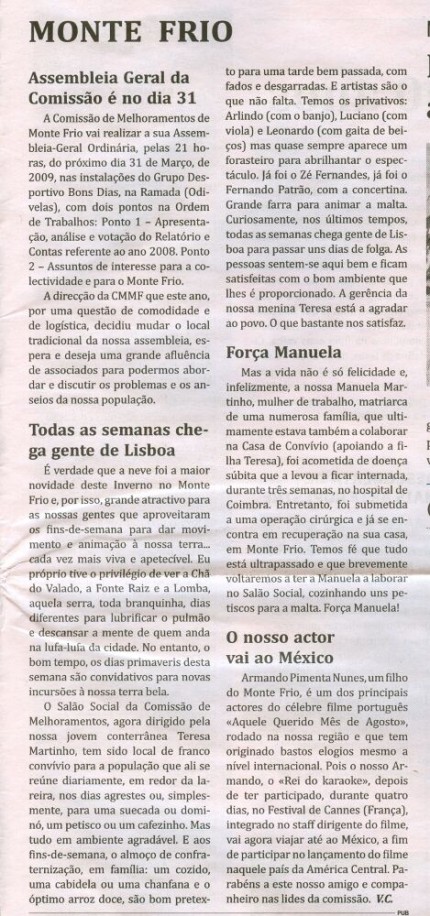 Notícia publicada no Jornal de Arganil, em 19 de Março de 2009 