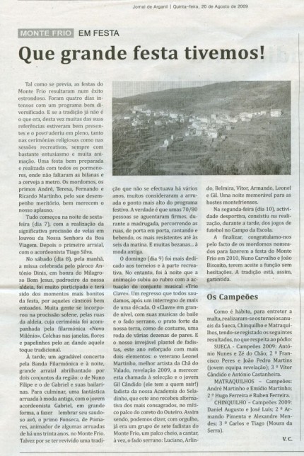 Notícia publicada no Jornal de Arganil, em 20 de Agosto de 2009 