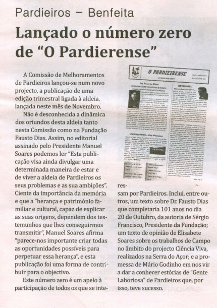 Notícia publicada no Jornal de Arganil, em 6 de Novembro de 2008 