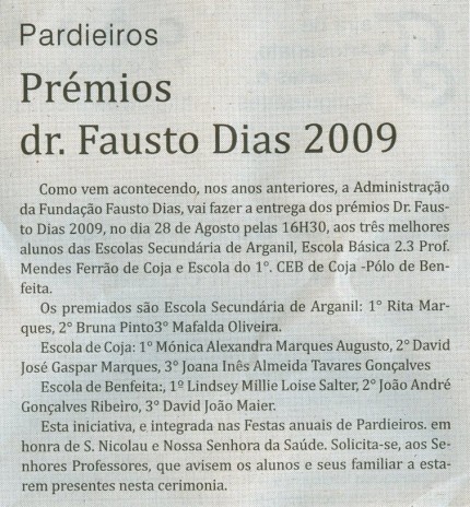 Notícia publicada no Jornal de Arganil, em 5 de Agosto de 2009 