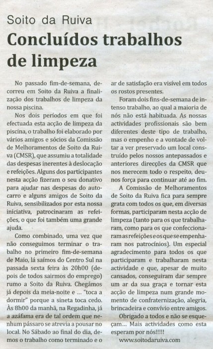 Notícia publicada no Jornal de Arganil, em 28 de Maio de 2009