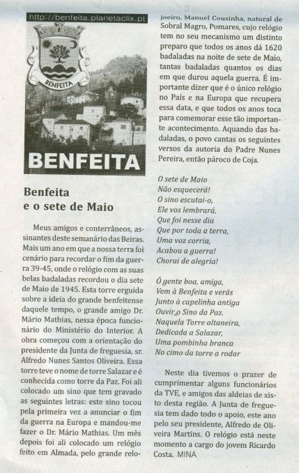 Notícia publicada no Jornal de Arganil,em 13 de Maio de 2010